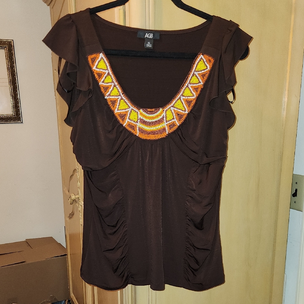 AGB Dark Brown Blouse with Vibrant Orange Details